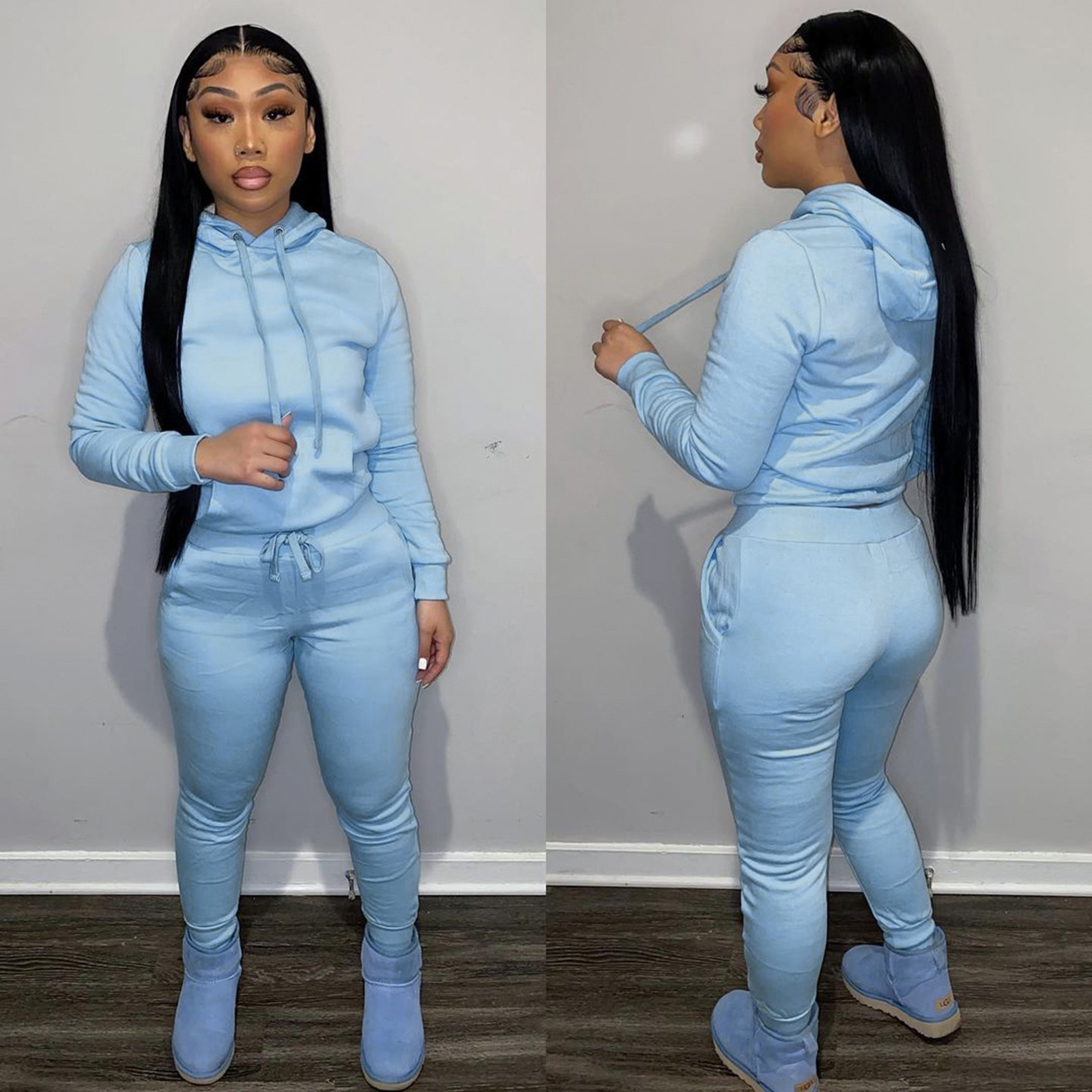 HR8197 European and American women's clothing  independent station supply autumn and winter plus velvet drawstring hooded two-piece set_voghion.com