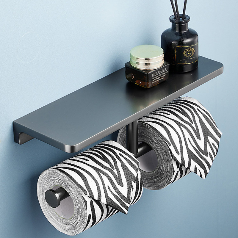 Bathroom gunmetal gray toilet paper holder, hotel bathroom toilet paper rack, thickened tissue holder, no-drill wall-mounted phone shelf
