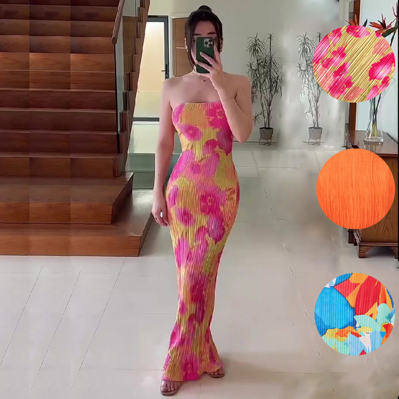 23 European and American Cross-Border Amazon Hot-Selling Tube Top Printed Pleated Slim Fit Bow Long Skirt Dress Hy024 23 European and American Cross-Border Amazon Hot-Selling Tube Top Printed Pleated Slim Fit Bow Long Skirt Dress Hy024