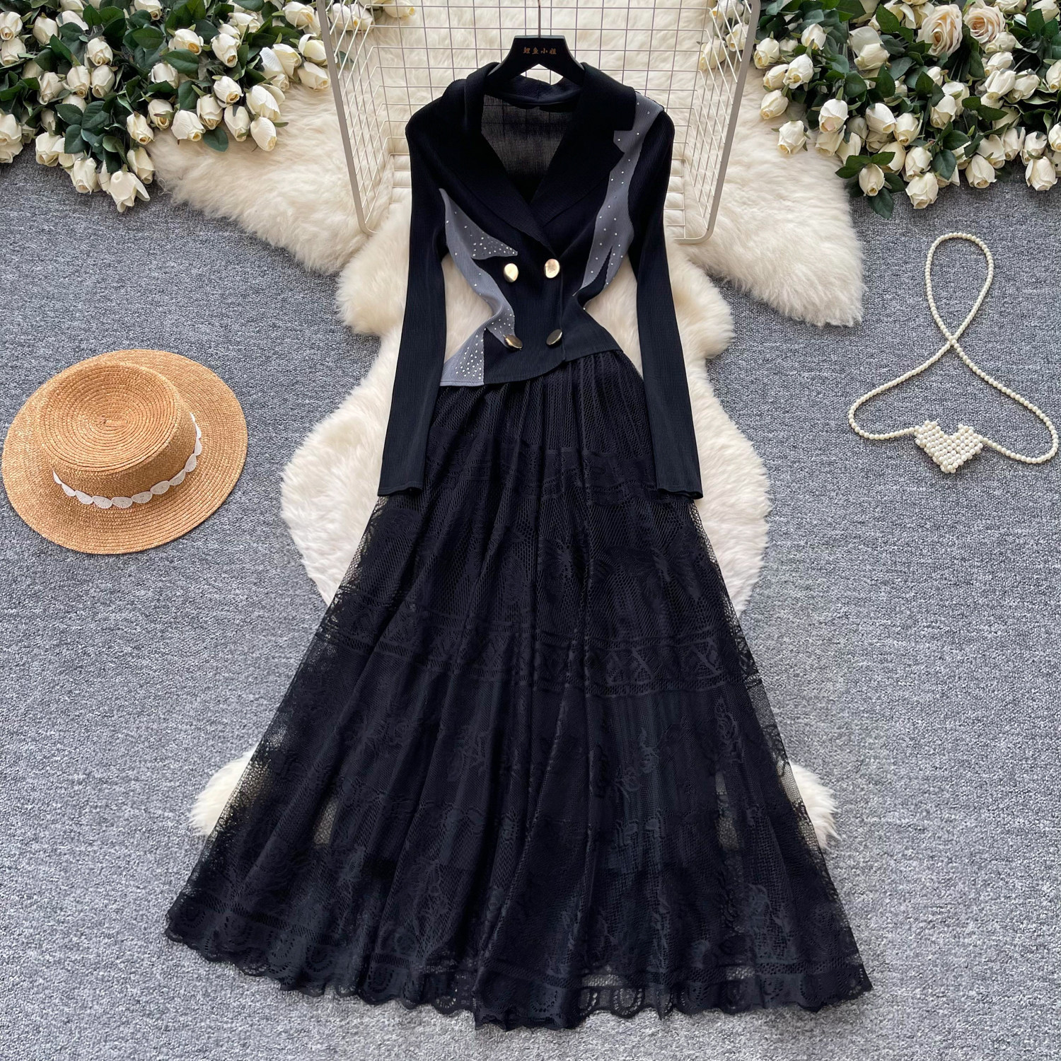 Women's French Romantic Style Lace Dress Suit Collar Slimming Pleated Long Skirt Elegant Commuting Summer Dress_ecoleips.com