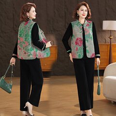 2025年妈妈秋装中式金丝绒三件套洋气马甲中老年女装春秋国风套装