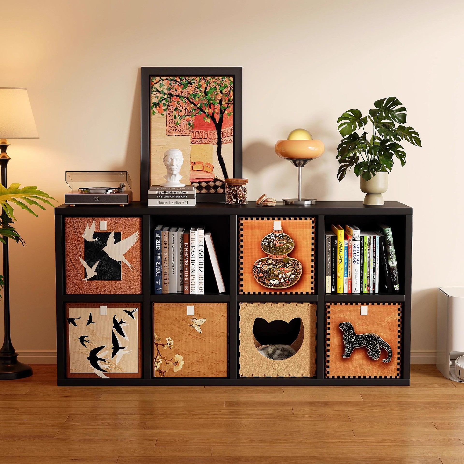 Gabinete de madera sólida Carlake Grid librería de combinación libre estante de piso estante de estantería sala de estar contra la pared bajo gabinete de ocho cubículos