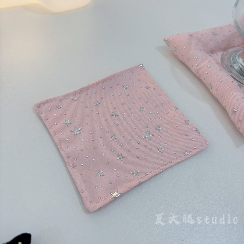 ins黑白色亮闪胶印小星星纯棉自制夹棉印花双面杯垫饰品装饰垫子|undefined