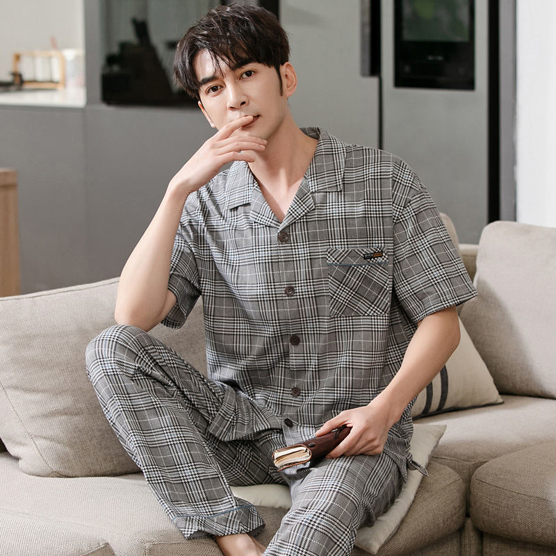Pijamas de los hombres de verano 100% algodón pantalones de manga corta de media manga de primavera y otoño delgada cardigan ropa para el hogar más tamaño
