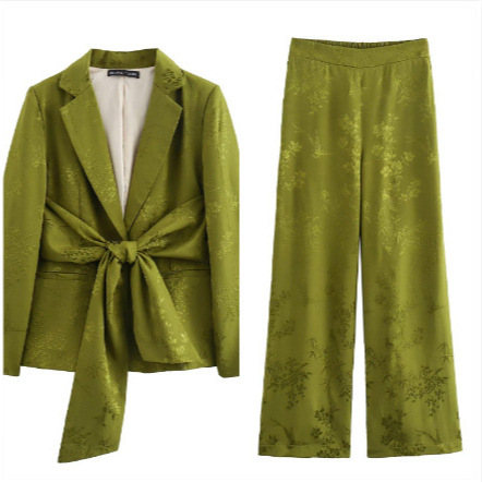 Women's 2024 summer new bow decoration jacquard suit straight leg pants set_voghion.com