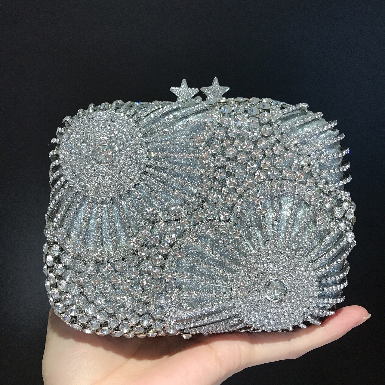 BL505 nuevo estilo europeo y americano de banquete de mano de fuegos artificiales de cinco puntas bolsas de cristal plata con diamantes bolsas de cena c