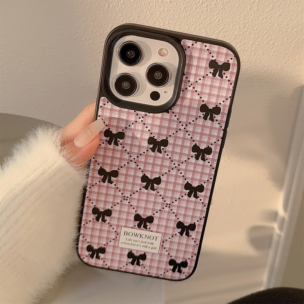 Funda para teléfono con diseño de cuadros y lazo estilo coreano para iPhone 16, 17 Pro Max, estilo dulce para iPhone 11, adecuada para iPhone 15, de cuero para iPhone 13, para invierno.