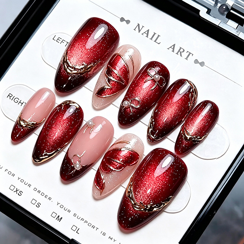 Burgundy cat-eye bow cat-eye press-on nails, almond-shaped manicure, pre-sized nail pieces, finished fake nails, wholesale pre-made nails Burgundy cat-eye bow cat-eye press-on nails, almond-shaped manicure, pre-sized nail pieces, finished fake nails, wholesale pre-made nails