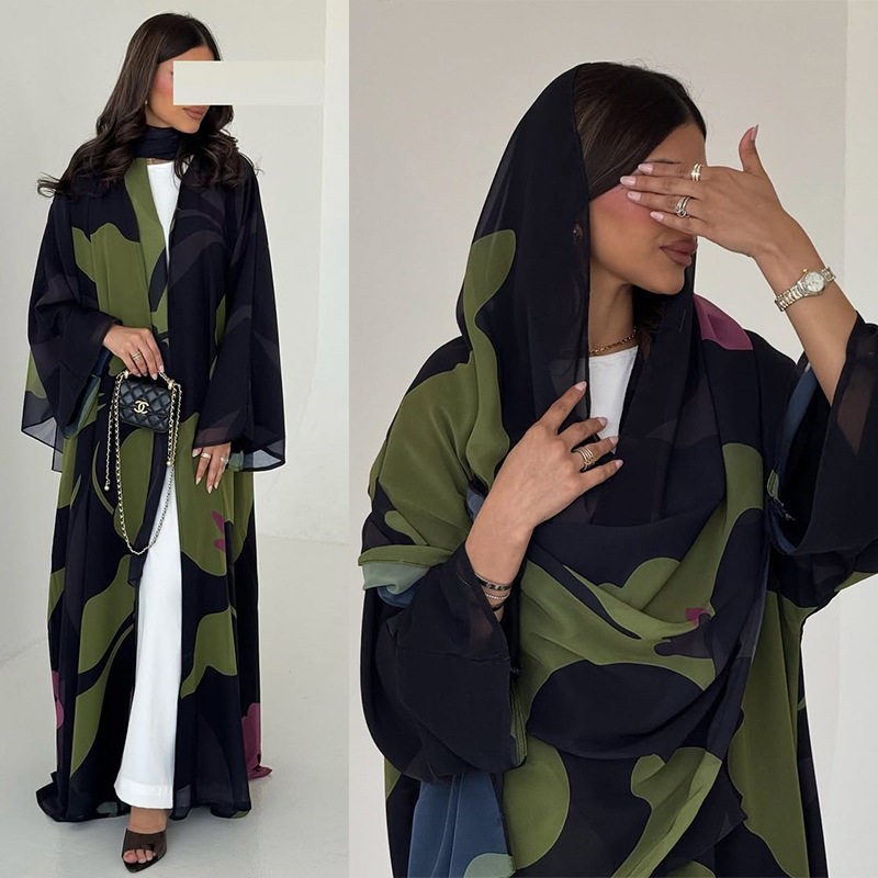 Mq265 2026 Spring New Modest Fashion Cross-Border Large-Swing Chiffon Printed Long Dress with Headscarf Two-Piece Set