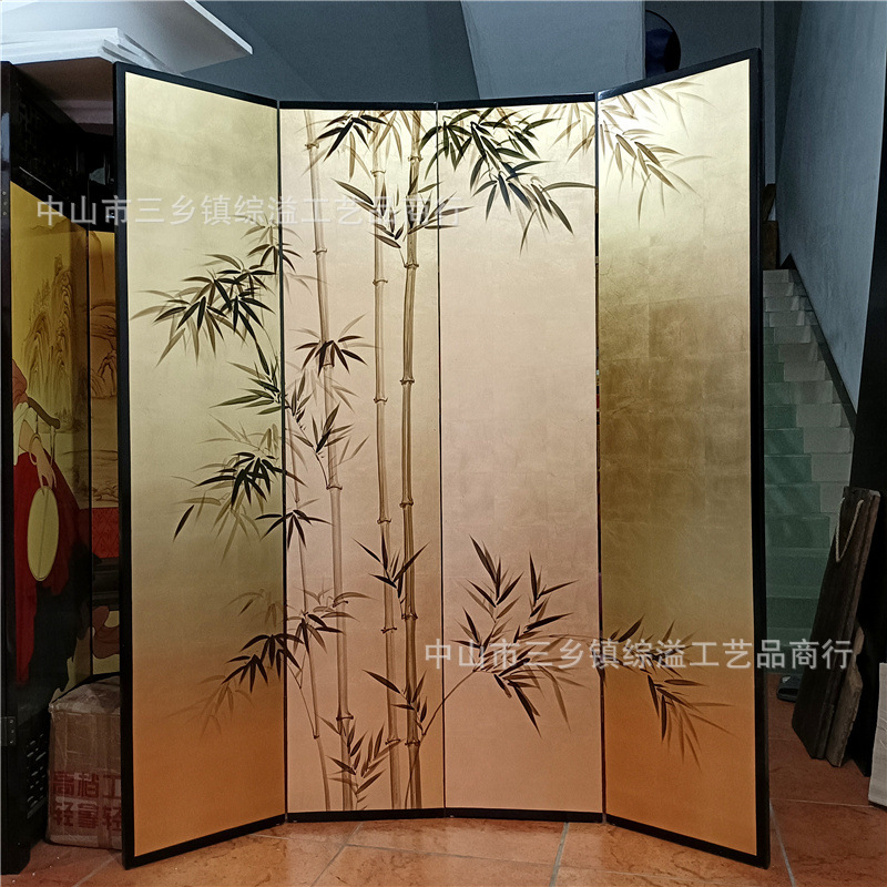 手绘竹子屏风客厅沙发背景墙装饰摄影工作室移动折叠隔断金箔屏风