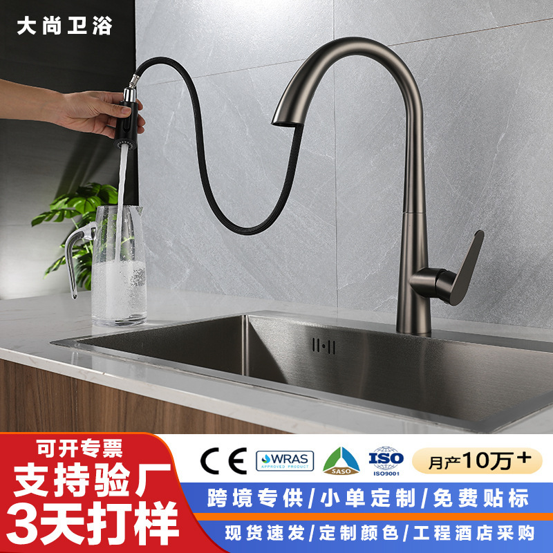 Cross-Border Kitchen Faucet Pull-Out Type 304 Stainless Steel Multi-Functional Sink Faucet for Dishwashing Basin, Hot and Cold Dual-Use