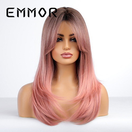 Amazon's best-selling foreign trade model, eight-character bangs, gradient pink, medium and long hair factory, European and American wig headgear