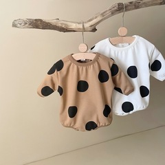 2023秋季新生兒韓版波點印花長袖三角圓領套頭爬服寶寶休閒連體衣