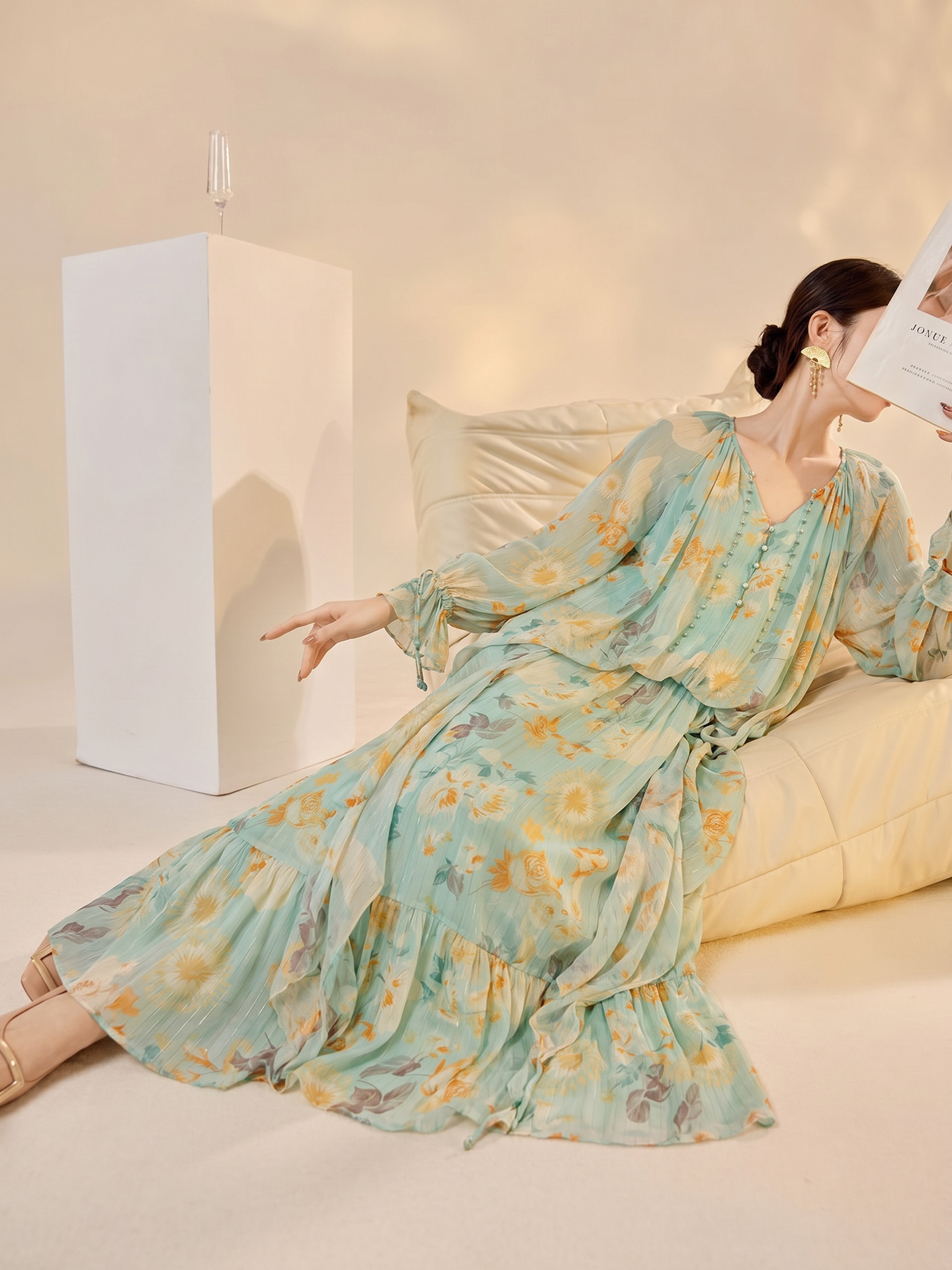 Váy maxi nữ phong cách Trung Quốc mới in họa tiết giả hai lớp thiết kế dáng dài mùa hè — Thiên Thanh