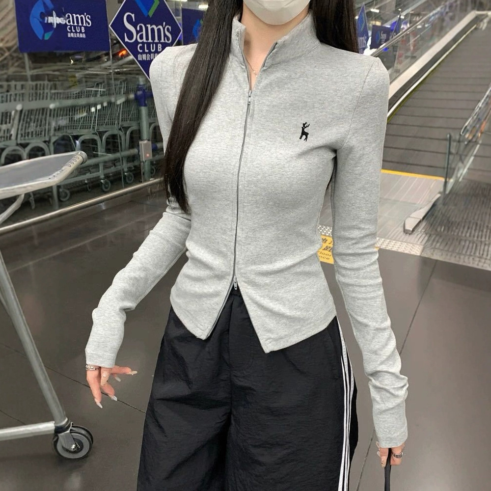 美式设计感半高领双拉链开衫女秋新款刺绣百搭修身显瘦外穿上衣潮