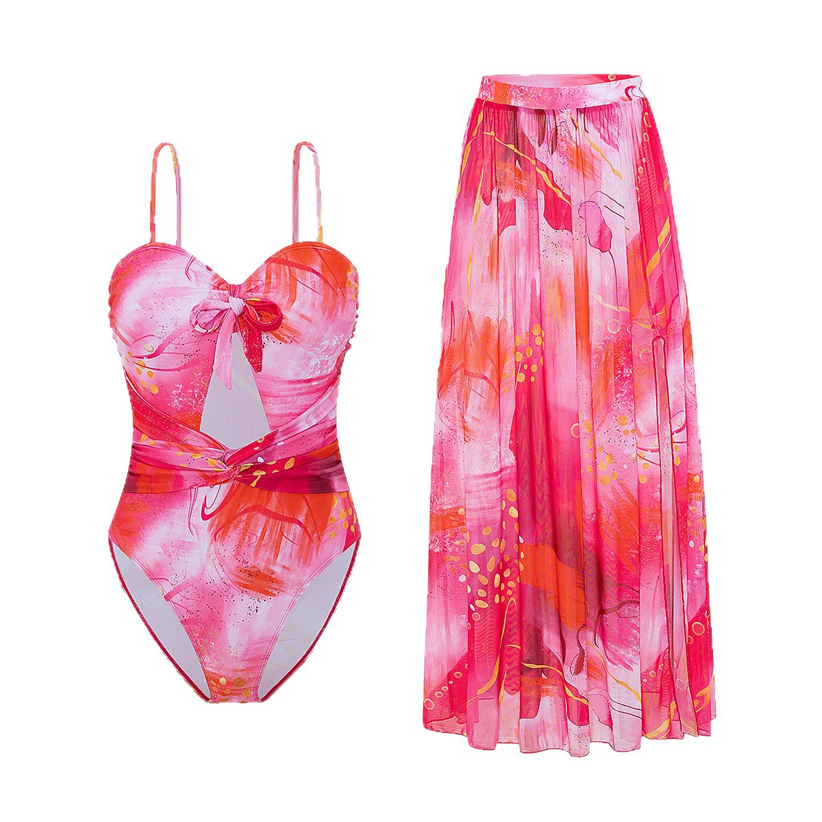 Nuevo estilo transfronterizo europeo y americano estampado hueco traje de baño de mujer de una pieza falda de dos piezas bikini comercio exterior de Amazon