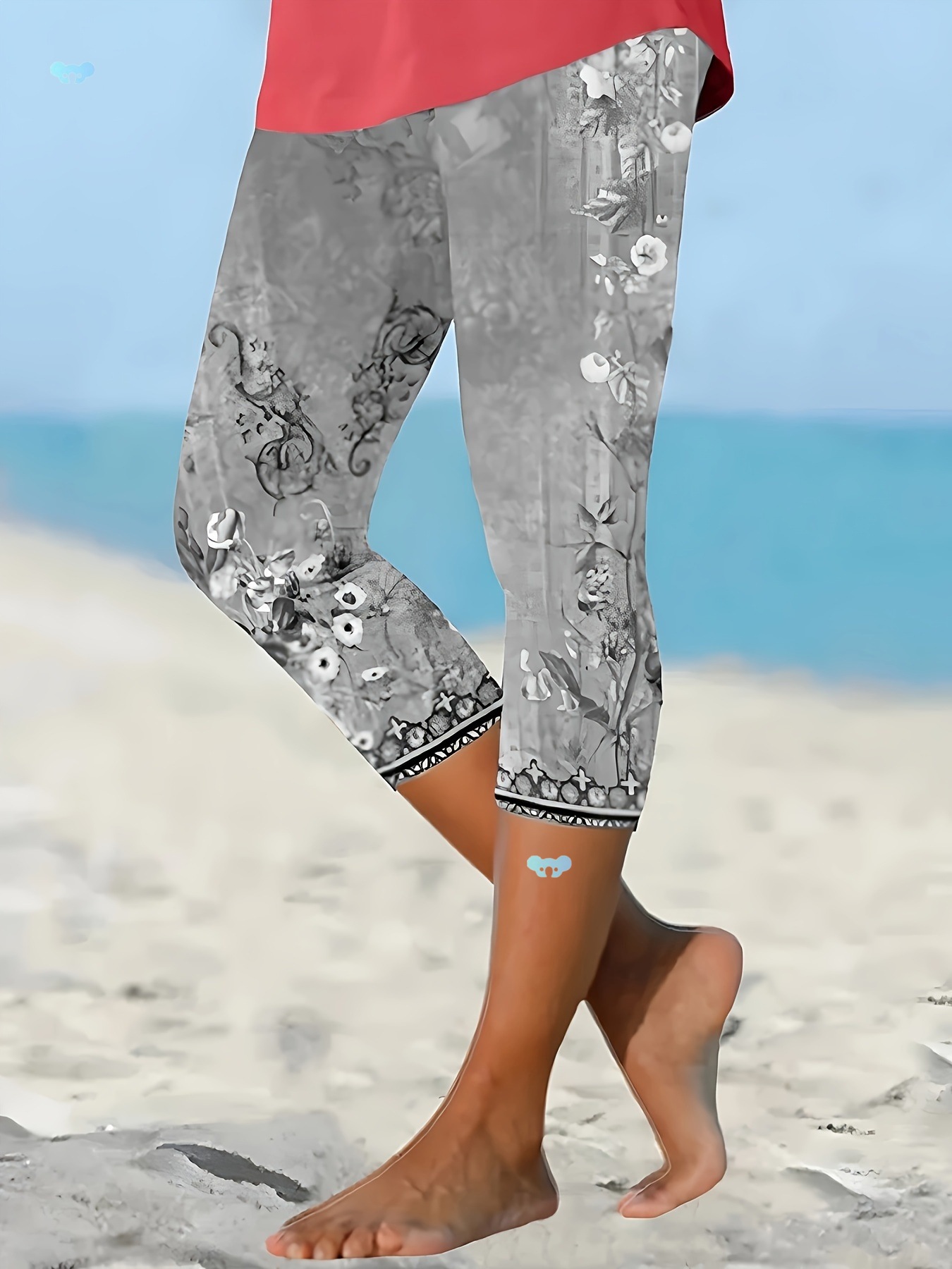 Casual Stretch Women's Gray Floral Capri Leggings floral pantyhose