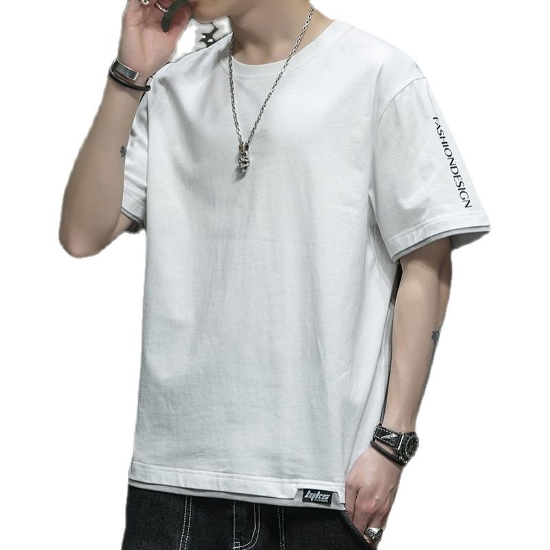Camiseta de manga corta de algodón puro de talla grande para hombre, estilo dos piezas, holgada, moderna, de gran tamaño, versátil, para uso diario.