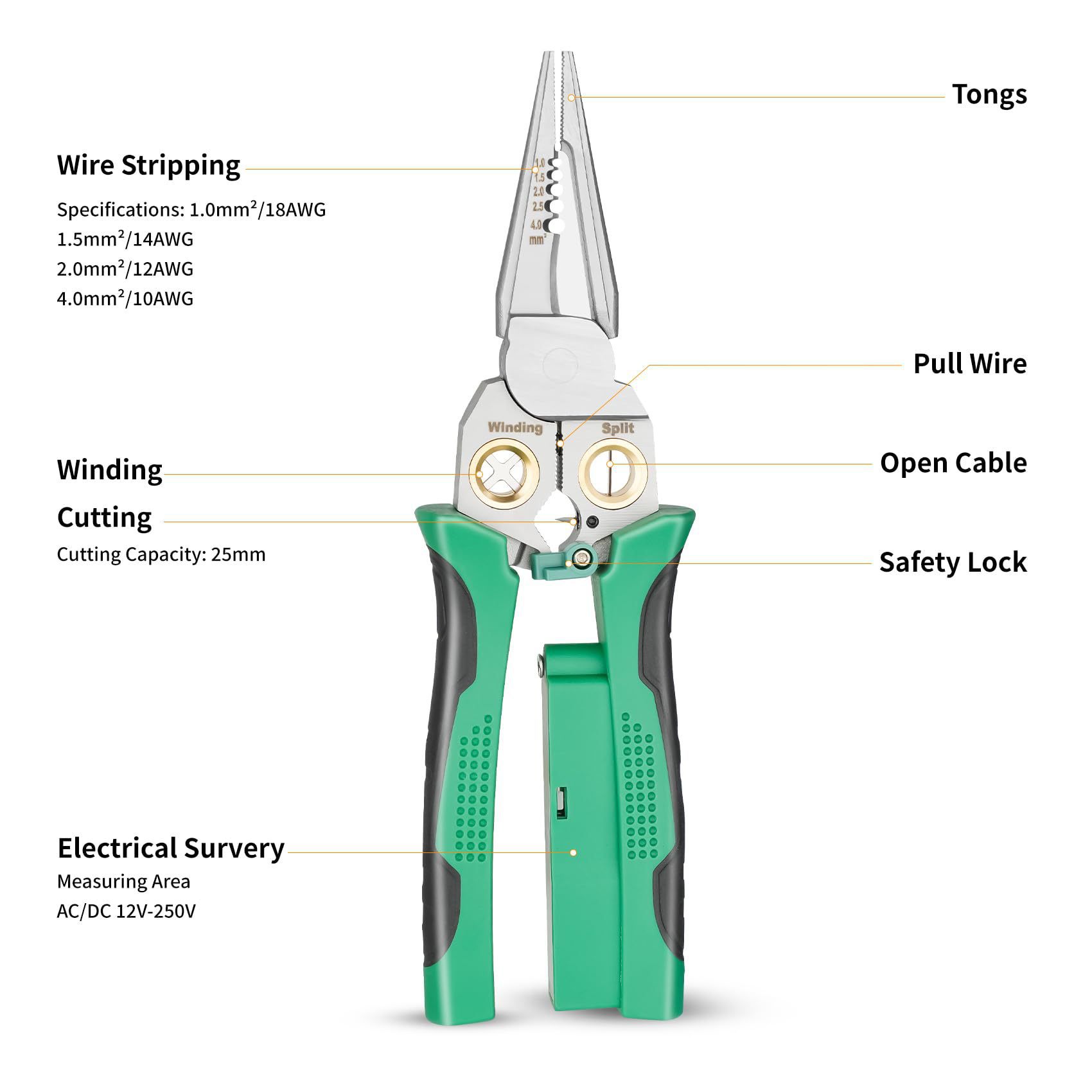 ♔跨境8合1不锈钢剥线尖嘴钳防滑多功能剥线器带测电笔剥线器电工