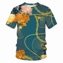 跨境 夏季男士街頭個性圓領時尚花紋鏈條短袖 3D數碼印花 潮流T恤