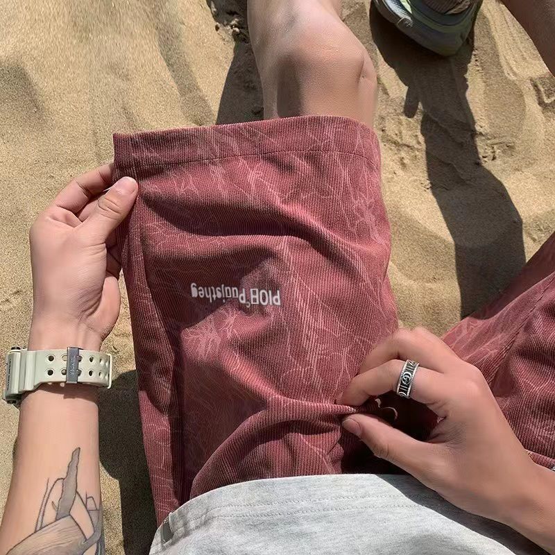 Corduroy Trendy Brand High-Quality Embroidered Shorts for Men, Versatile Summer Multi-Color Knee-Length Shorts for Students and Sports