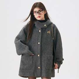 慵懒风连帽毛呢外套女装秋冬季新款复古高级感中长款加厚呢子大衣