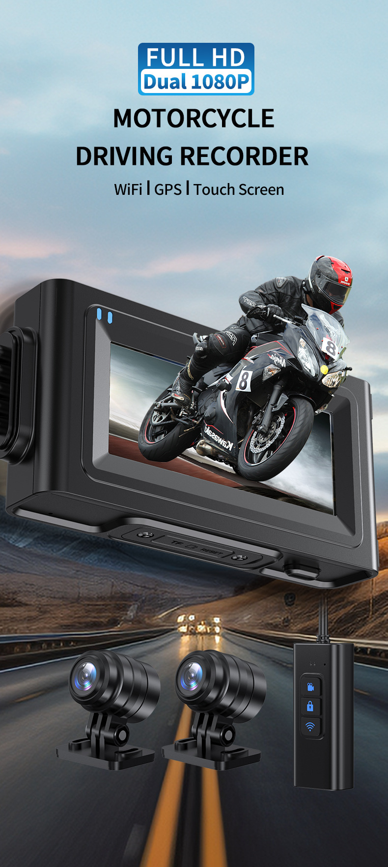 Cross-border motorcycle driving recorder HD 1080 touch 3.16 inch WiFi front and rear dual recording locomotive recorder