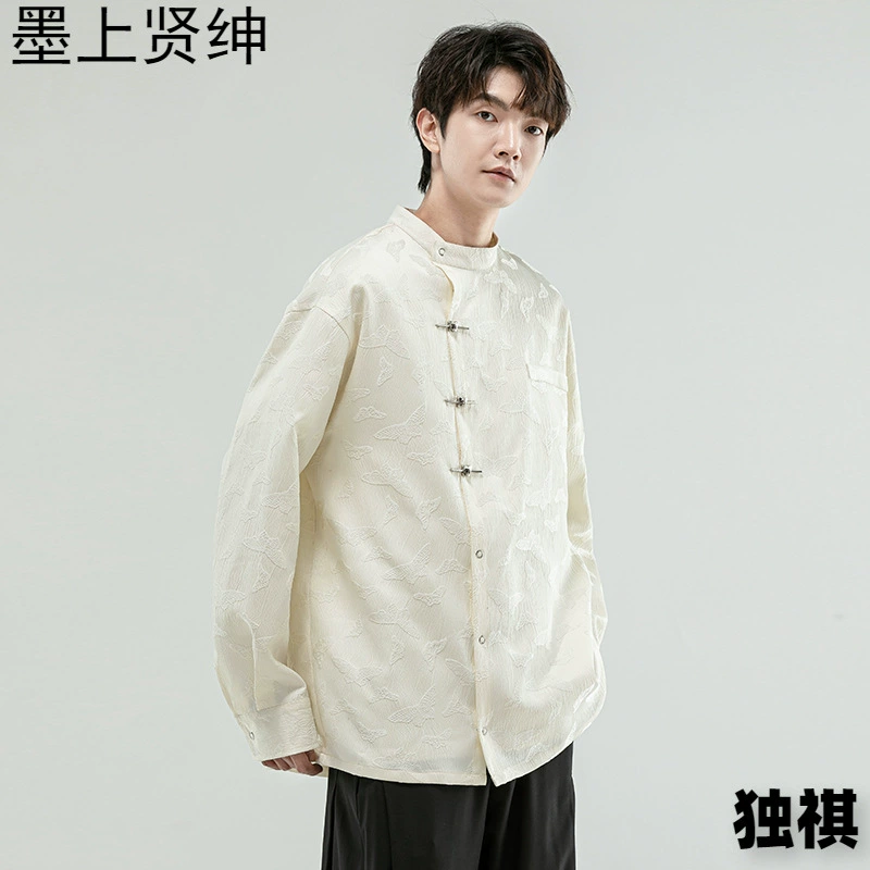 Новая китайская мода бабочка жаккардовая рубашка с длинными рукавами для мужчин и женщин весной и осенью