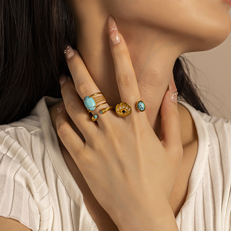 Tainains ojo turquesa diabólico anillo de acero inoxidable mujer no decolor zircon 18k oro titanio acero Merrard viento