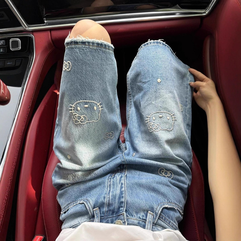American Retro Cartoon Kt Cat Cropped Jeans for Women, Summer Mid-Length High-Waisted Wide-Leg Straight Shorts
