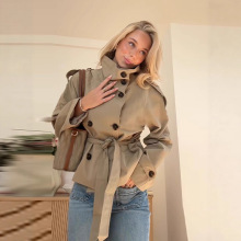 外贸2025新款舒适复古翻领设计感双排扣系带百搭长袖短款风衣外套