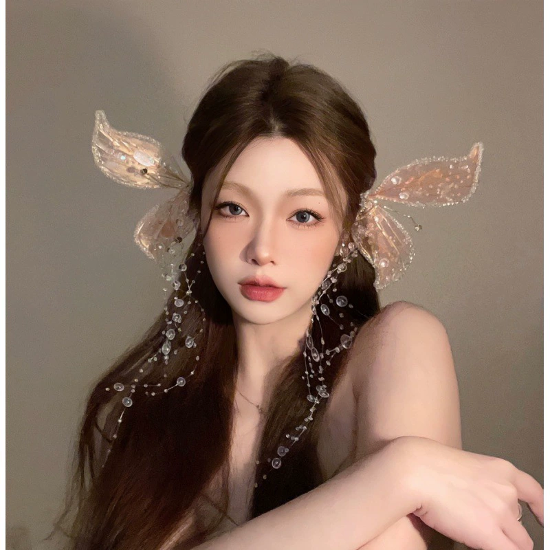 Свадебный головной убор INS Chaoxian Mori Elves Breakamic, кристальные волосы, плоские кристальные крылья бабочки, развевающиеся сбоку