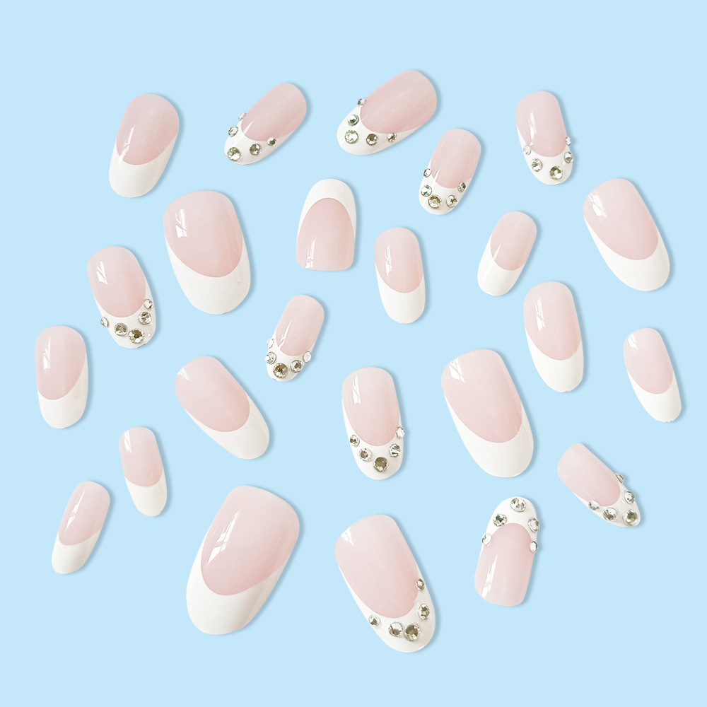 Nuevo parche de uñas simple francés rosa de uñas con incrustaciones de diamantes de venta caliente en Europa y América