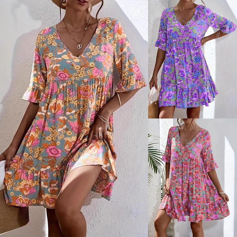 European and American Cross-border Foreign Trade New Amazon Summer Casual V-neck Flower Print Bohemian dress Women