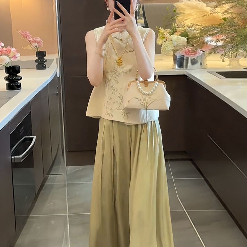 中式国风套装2025夏季气质立领新中式国风女装轻奢盘扣套装两件套|undefined
