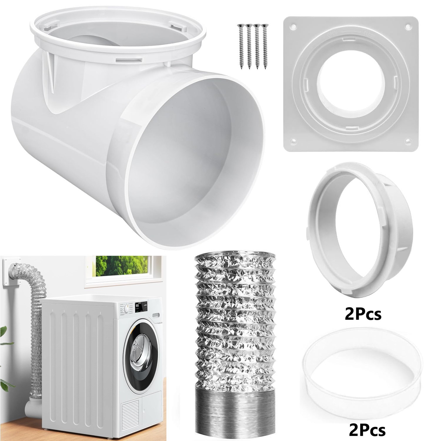 패키지 9: 90도 건조기 커넥터 + 호스 커넥터 2개 + 밀봉 링 2개 + 4인치 2.5m 호스 + 벽 플랜지 플레이트 + 나사 4개