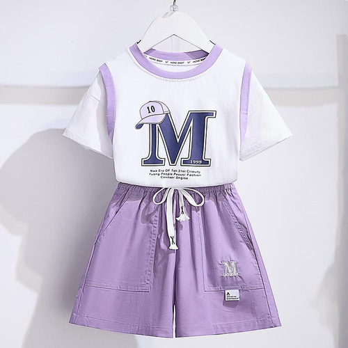 Girls summer thin sports suit dropshipping 2023 middle and large children fake two-piece T-shirt five-piece pants two-piece set