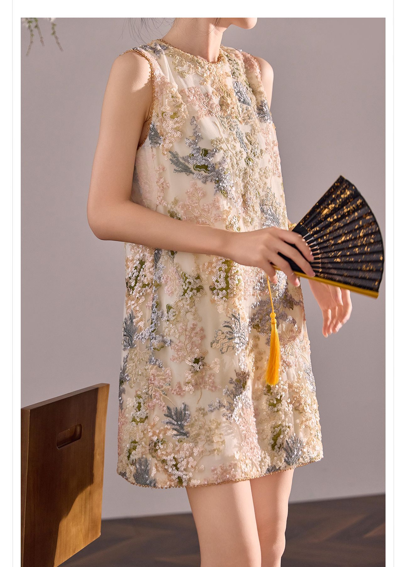 Đầm suông nữ midi tân cổ điển không tay, thêu đính cườm sequin, form chữ A — màu mơ chi tiết 13