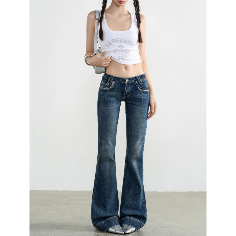 Vintage Blue Low-Rise Flared Jeans for Women, Summer Thin Straight-Leg Denim Flared Pants for Petite Women