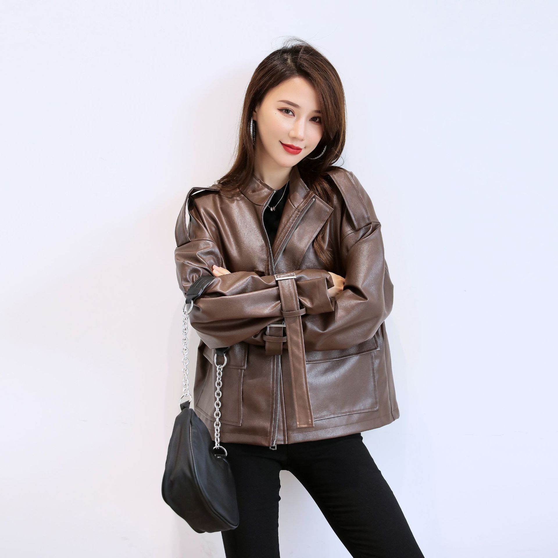 Large Women's wear leather clothing MM Thin loose PU washing Imitation leather locomotive pocket Stand collar coat