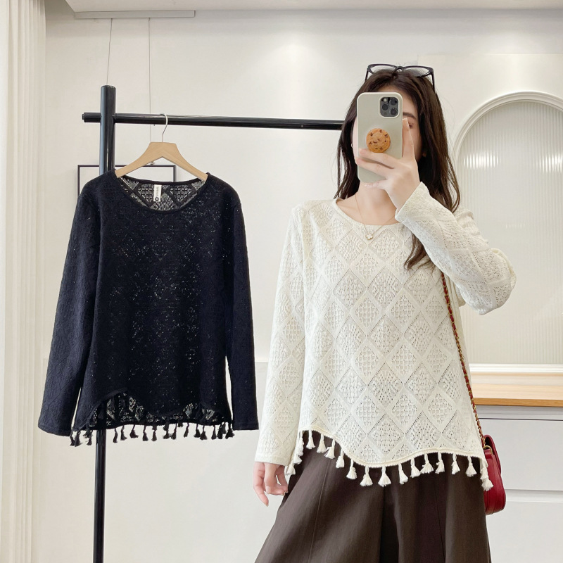 Plus Size Women's Autumn Elegant Crochet Hollow-Out Tassel Knit Sweater Loose Fit Flattering Chic Cover-Up 562650