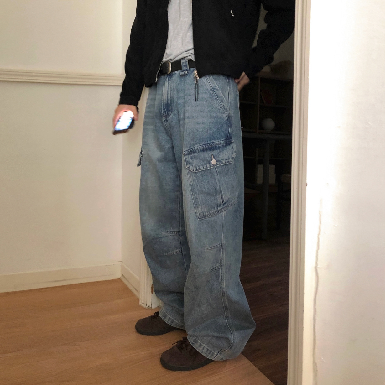 MYQ Men's Retro Washed Workwear Jeans Cleanfit Straight Leg Wide Leg Pants Mid Waist Cotton Autumn Commuter Jeans_mkmklike.com