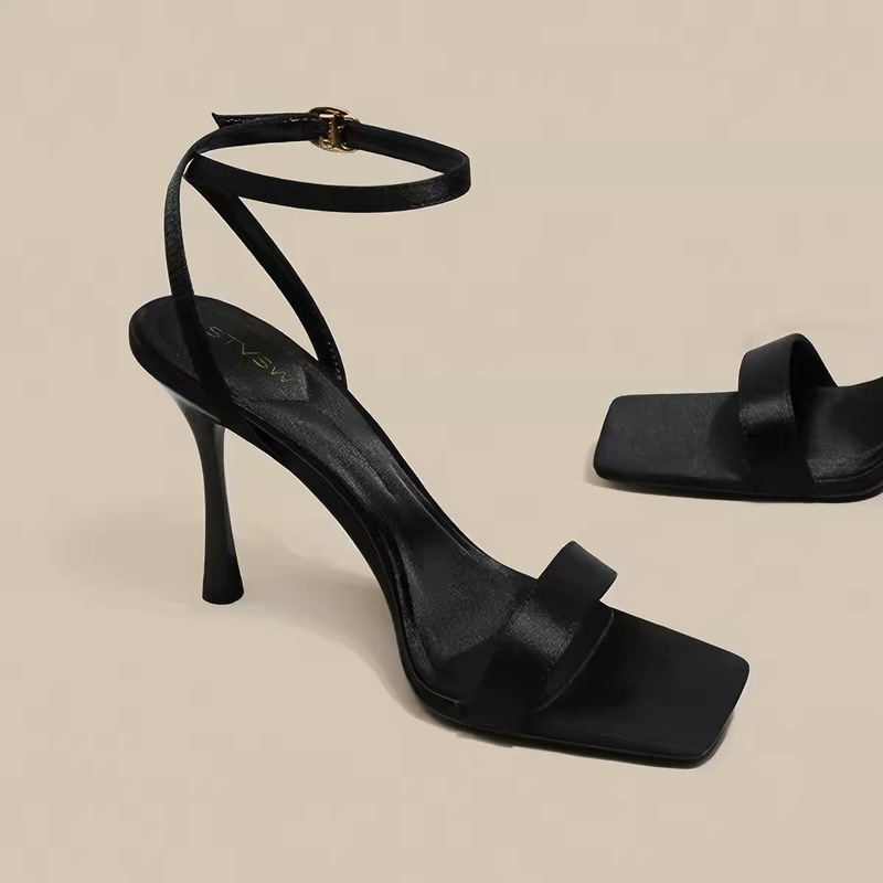 Black Square-Toe Stiletto Sandals with a Single Strap, Stylish and Atmospheric Fashion Shoes for Dates Black Square-Toe Stiletto Sandals with a Single Strap, Stylish and Atmospheric Fashion Shoes for Dates