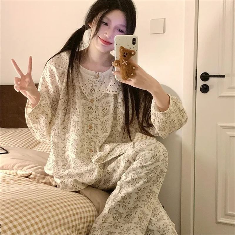 여성을위한 새로운 스타일의 달콤한 인쇄 긴팔 잠옷 인터넷 연예인 스타일 가을 2024 새로운 바지 홈 슈트