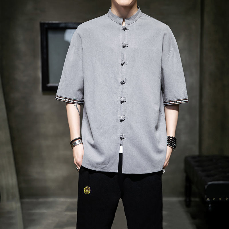 Lino de manga corta Camisa de los hombres de estilo chino hebilla Tang traje de manga cinco cuartos ropa estilo retro juventud estilo chino abrigo de moda