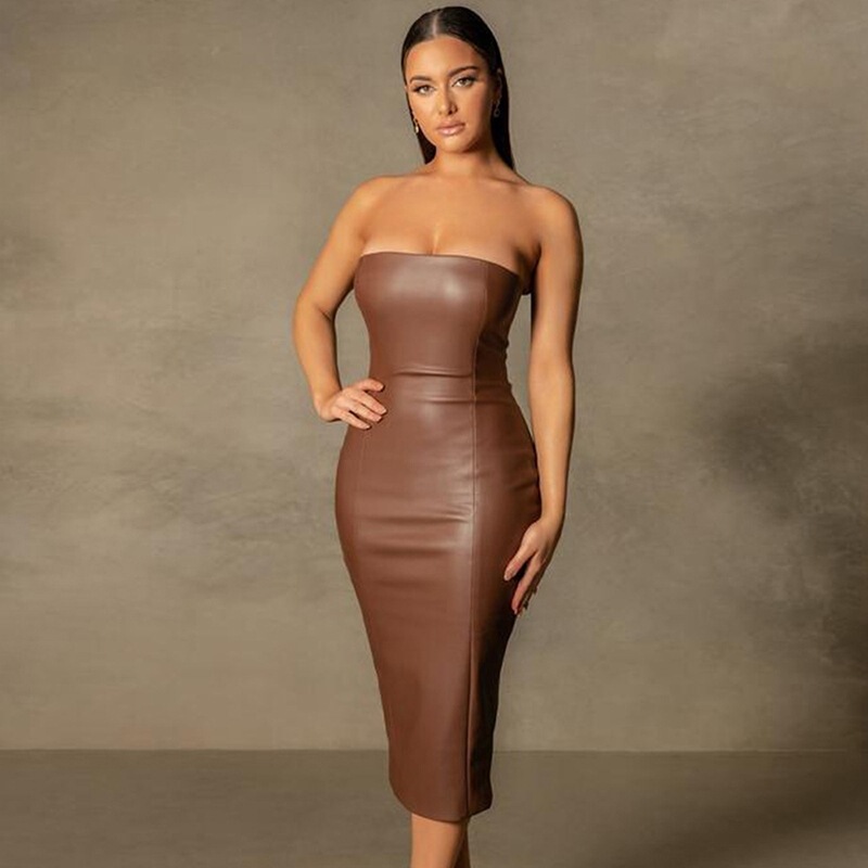 European and American Sexy Mid-Length Skirt Women's Dress Pure Color Elegant Slim Tube Top Back Slit Pu Leather Skirt Sexy Sexy Girl
