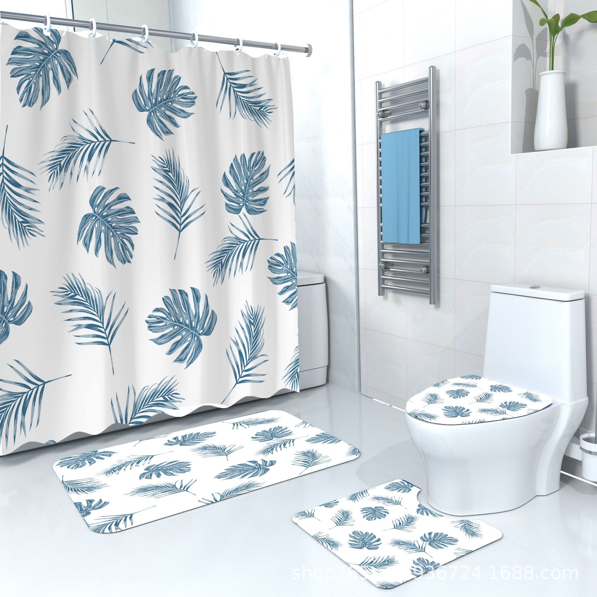 Bathroom Shower Curtain, Wet and Dry Separation Curtain, Simple Green Leaf Bathroom Door Curtain, Shower Curtain Fabric, Bathroom Shower Curtain