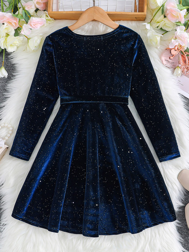 Autumn and winter youth retro V long-sleeved solid color sequined birthday party dress short-sleeved skirt dress Dress