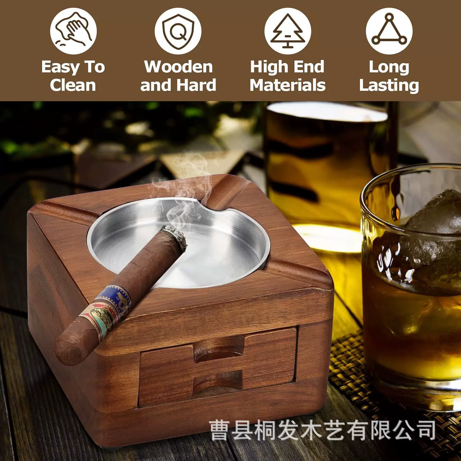 木质雪茄烟灰缸欧式实木雪茄烟灰盒抽屉式雪茄配件办公室烟灰缸