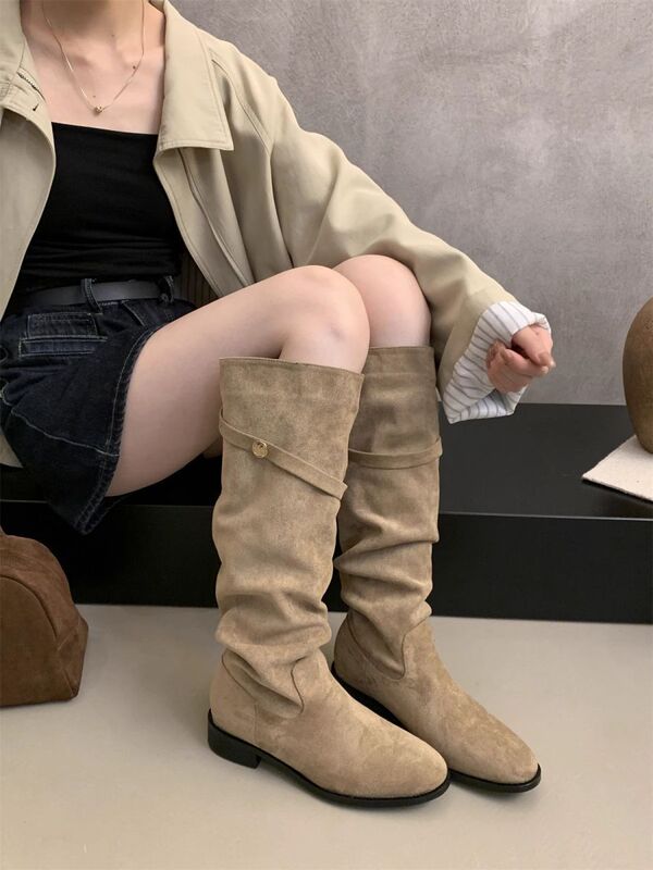 绒面瘦瘦靴卡其色堆堆骑士靴女2025新款秋冬季显瘦高筒粗跟长靴子|undefined